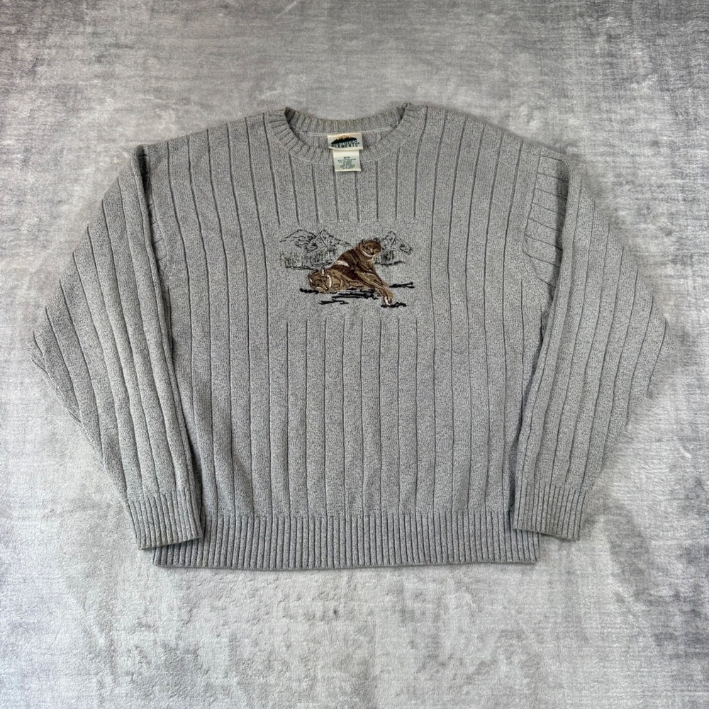 VTG Northern Elements Sweater Mens Medium Gray Ribbed Embroidered Cougar Nature